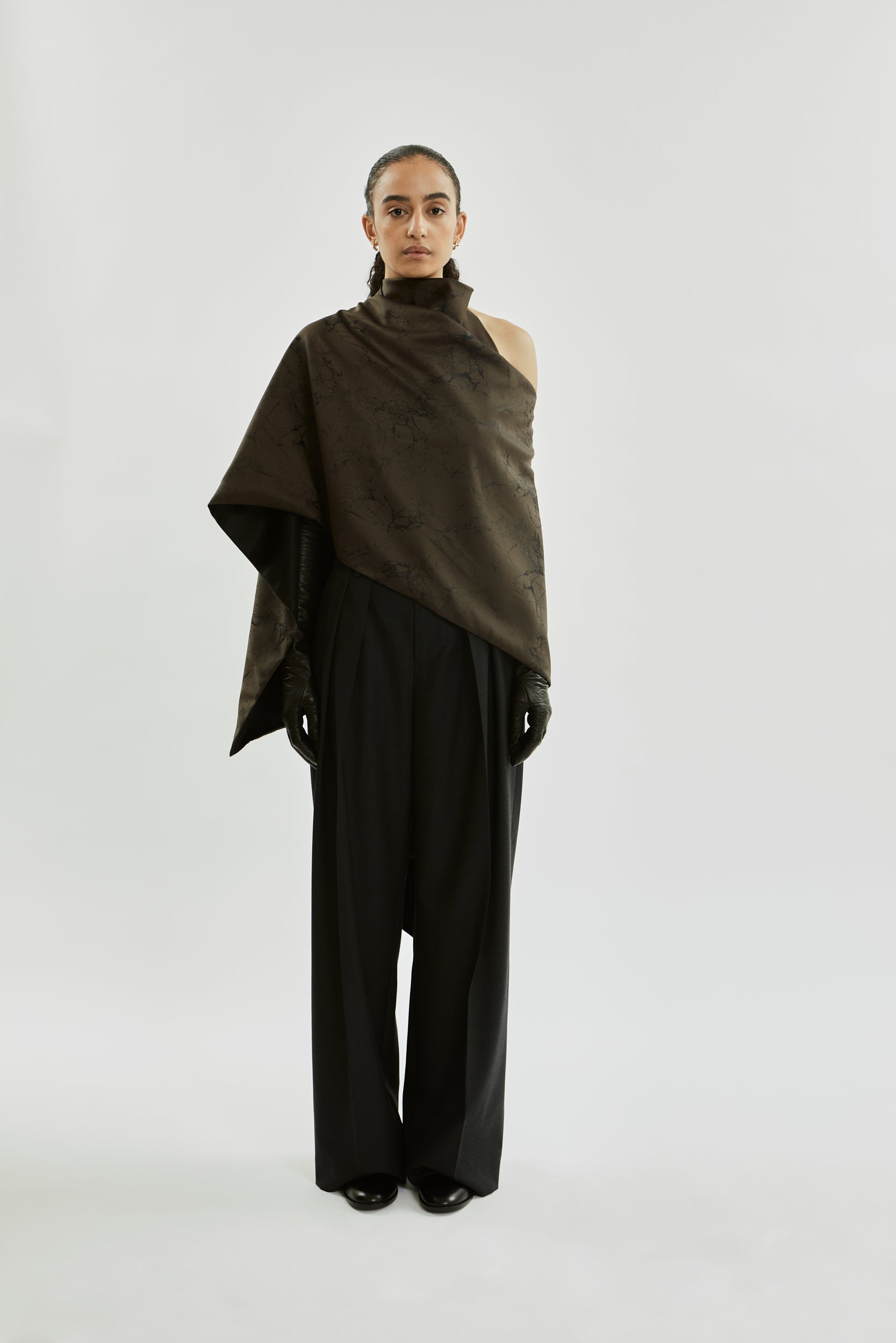 抹茶ダブルスカーフ|カーキ ジャカード - ウール シルク ブレンド