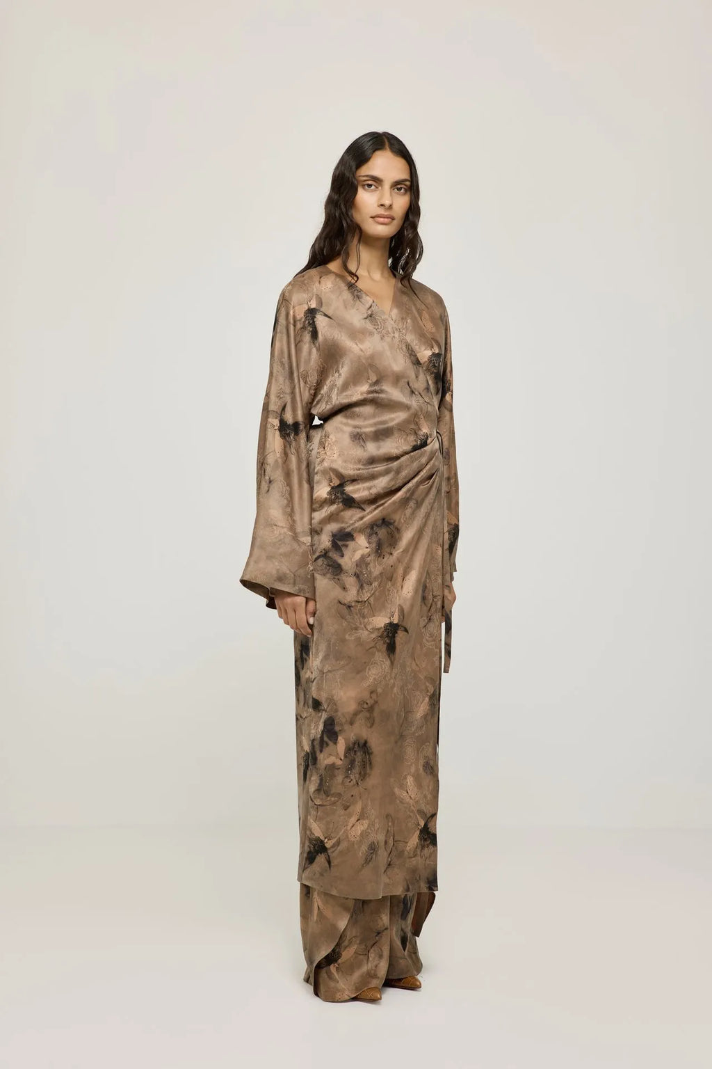 Haruna kimono dress | Taupe print - Mud silk
