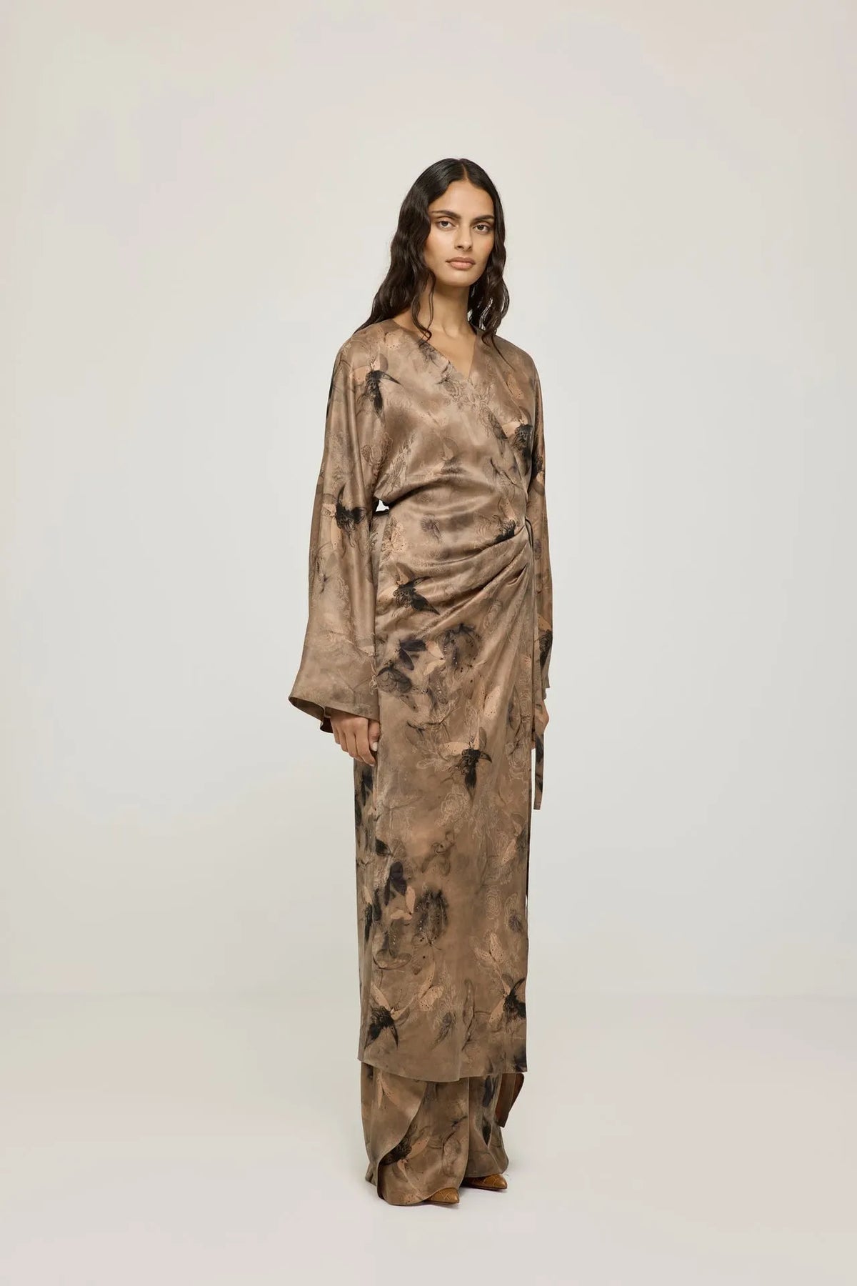 Haruna kimono dress | Taupe print - Mud silk