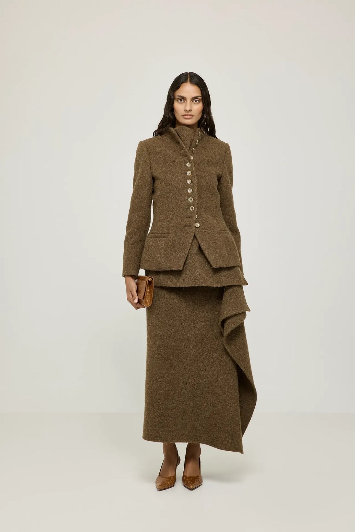 Margaret brown alpaca wool blazer with a high collar and a fitted silhouette, front view.