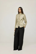 Margaret gold viscose-blend blazer with a high collar and a fitted silhouette, front view.