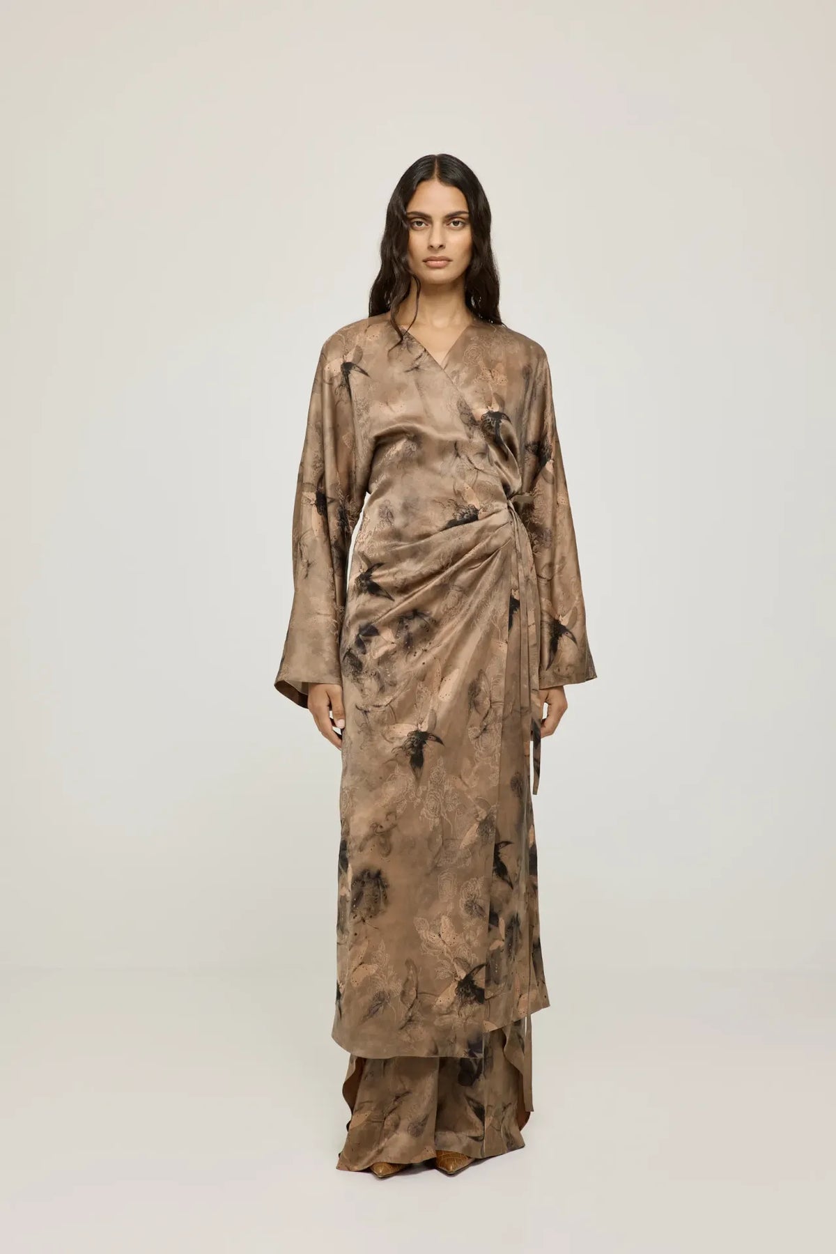 Haruna kimono dress | Taupe print - Mud silk