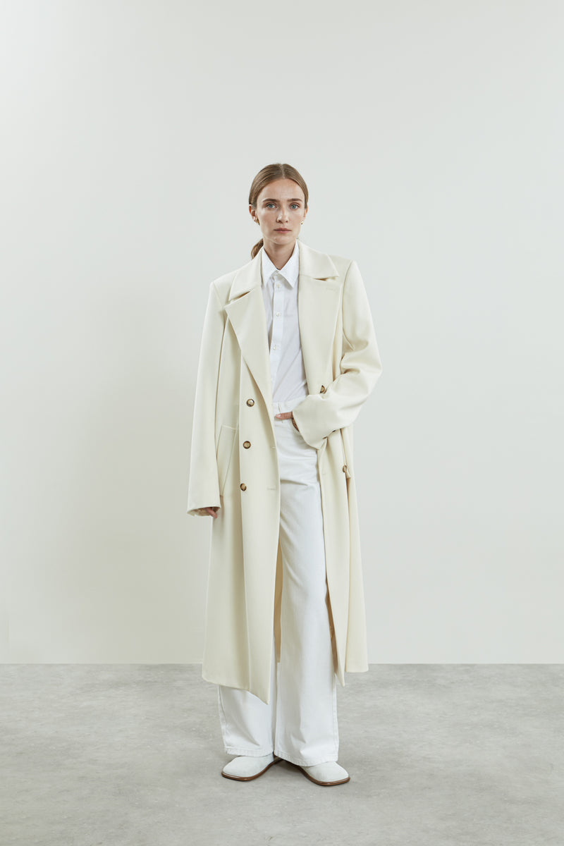 Front view off-white Achilles coat made from soft virgin wool.