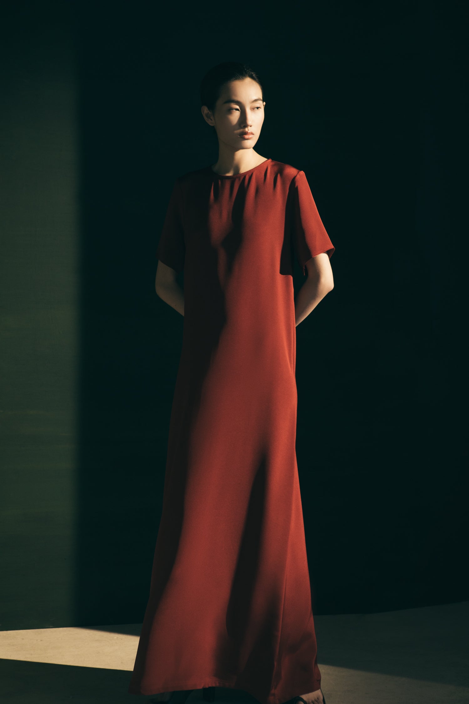 Front view of the Celine dress in crepe silk.
