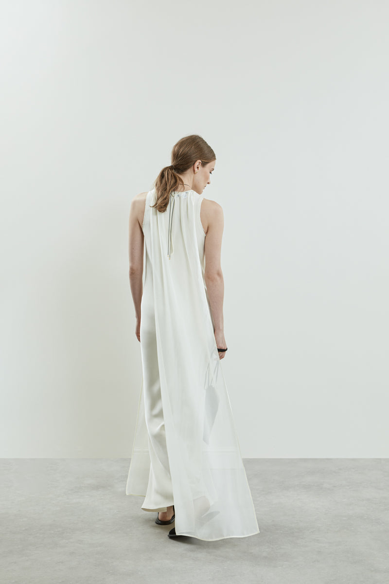 Back view of the white Danni dress in chiffon silk.