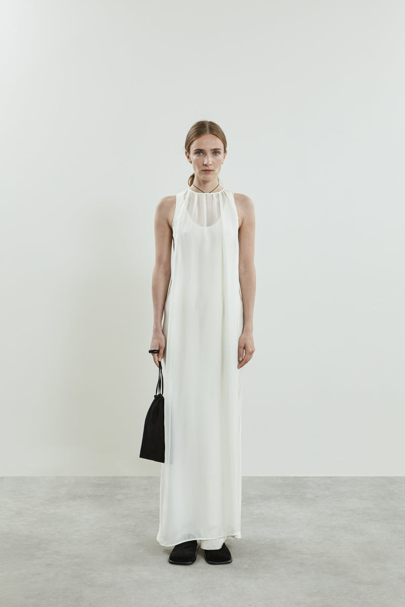 Front and full length view of Danni white chiffon silk dress.