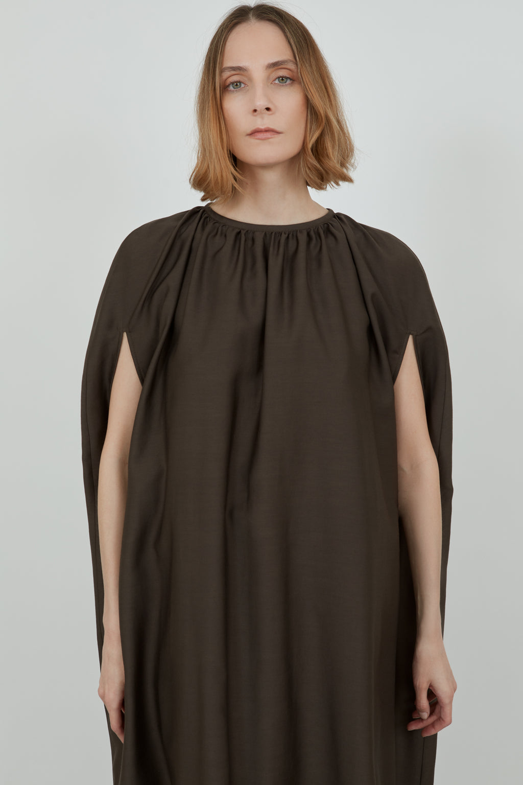 Gillian cape dress | Chocolate - Wool-silk blend