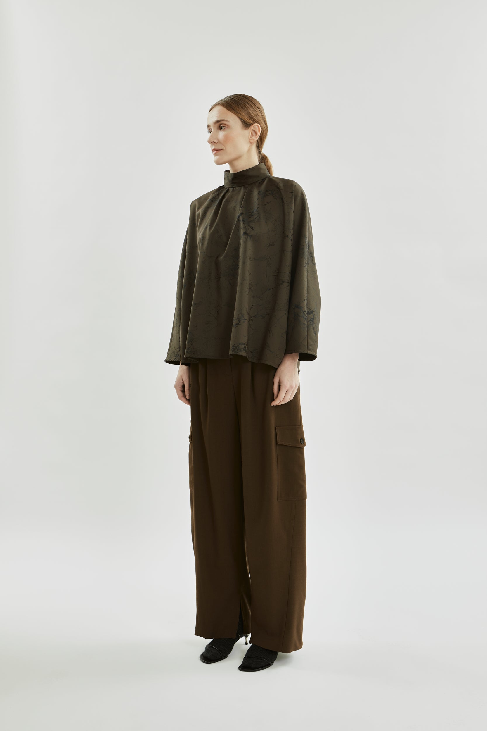 Isra top | Khaki jacquard - Wool silk blend