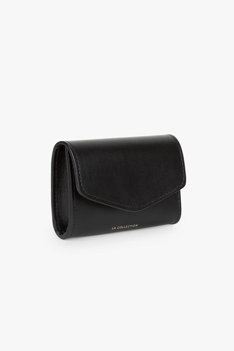 Front view of the Luca wallet belt bag in black leather, showcasing its compact design with leather lining, gold-embossed logo, and a magnetic closure.