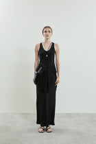 Front view of the black Kate dress in crepe silk, featuring a sleeveless design, smooth fabric and scooped neckline.