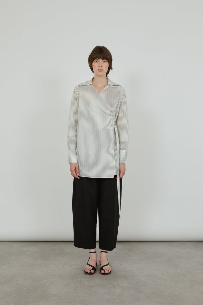 Koda wrap shirt | Striped grey blue - Cotton