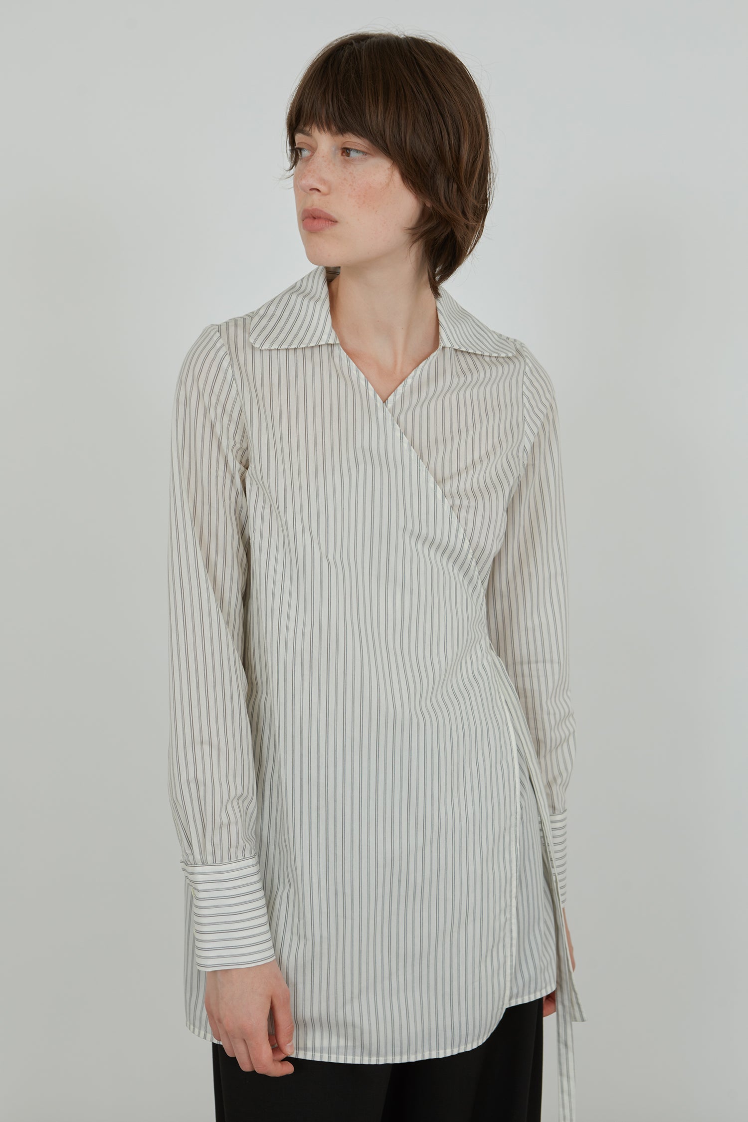 Koda wrap shirt | Striped grey blue - Cotton