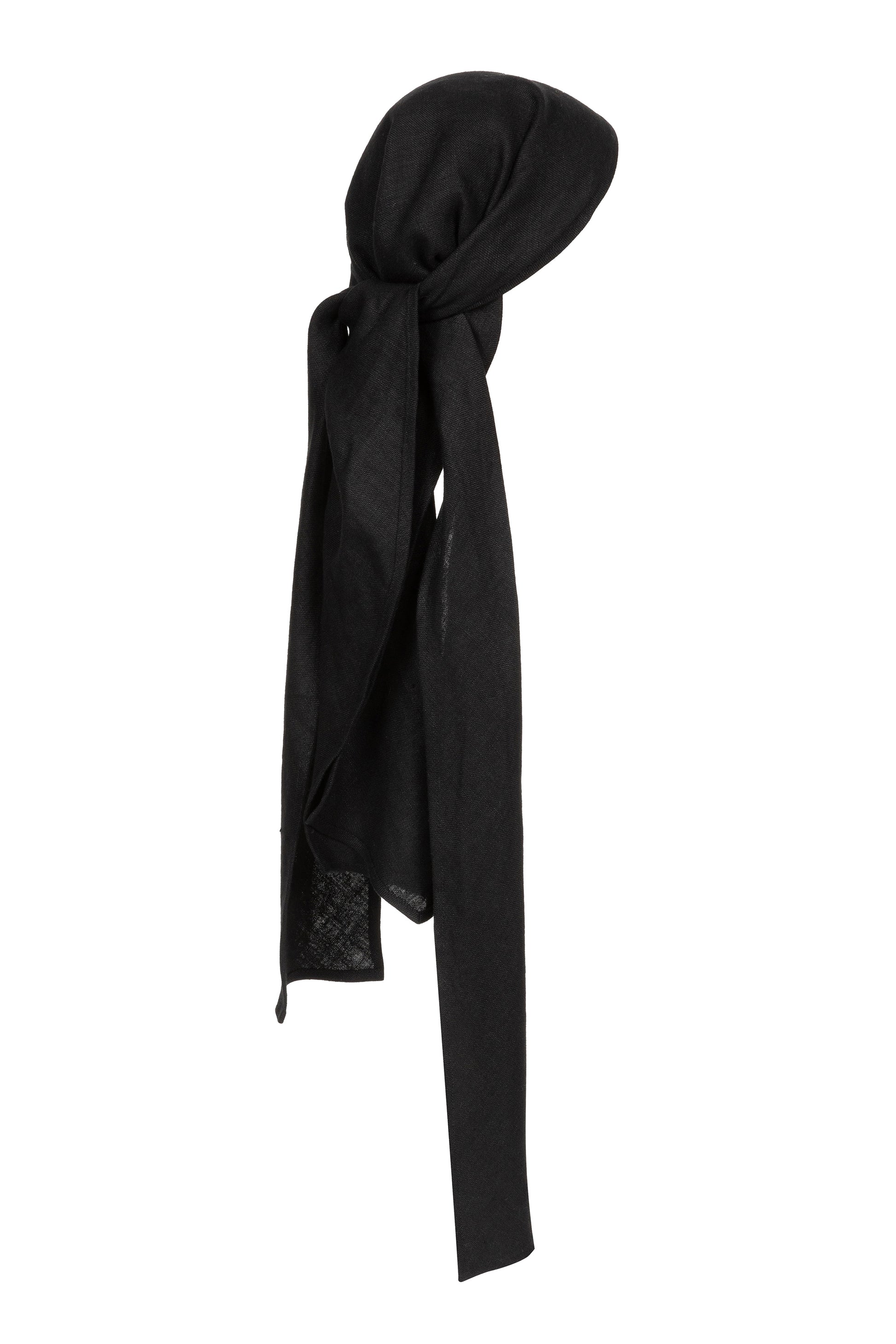 Full view of the Roshan headscarf in black linen.