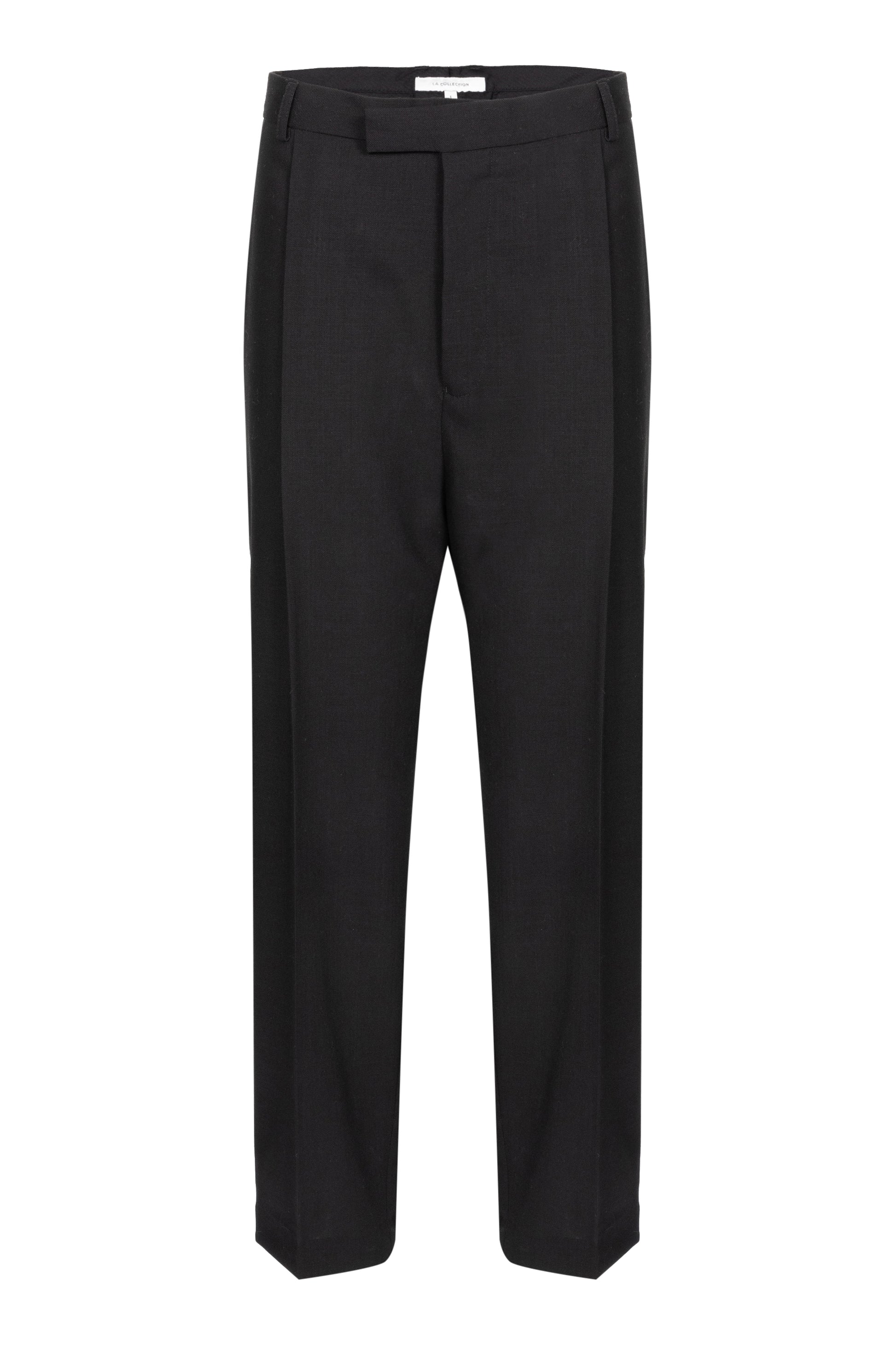 Close-up of the Ronin trousers in black virgin wool.
