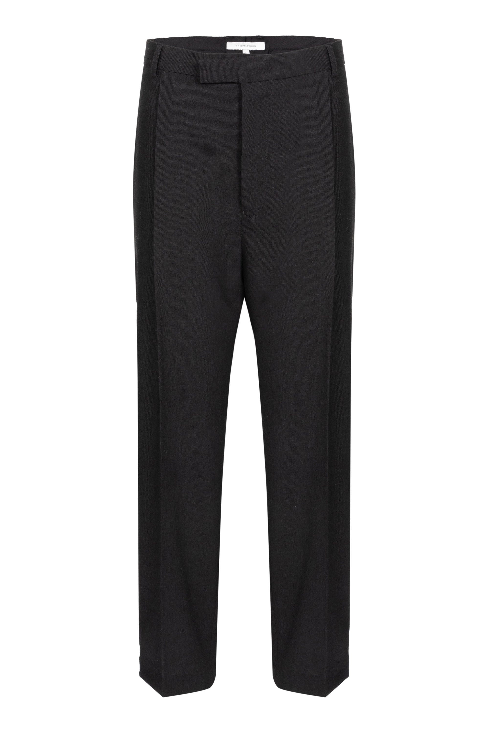 Close-up of the Ronin trousers in black virgin wool.