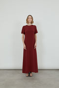 Front view of the red Celine ankle-length dress in luxurious crepe silk.