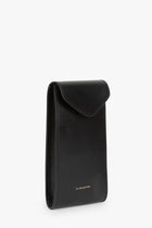 Front view of the black Ita phone belt bag in fine Italian leather, featuring a sleek design with a magnetic closure, leather lining, and a gold-embossed logo.