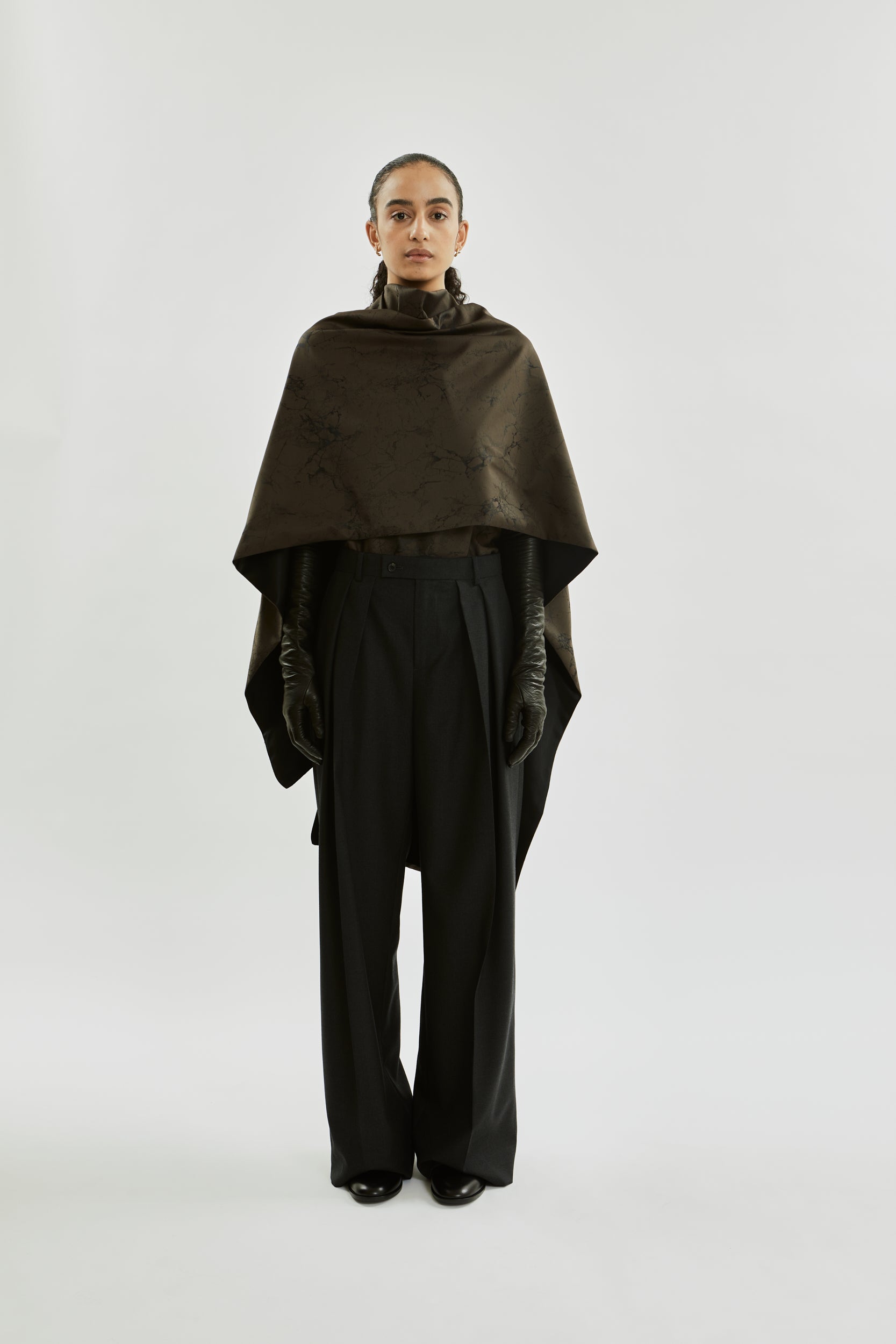 Macha double scarf | Khaki jacquard - Wool silk blend