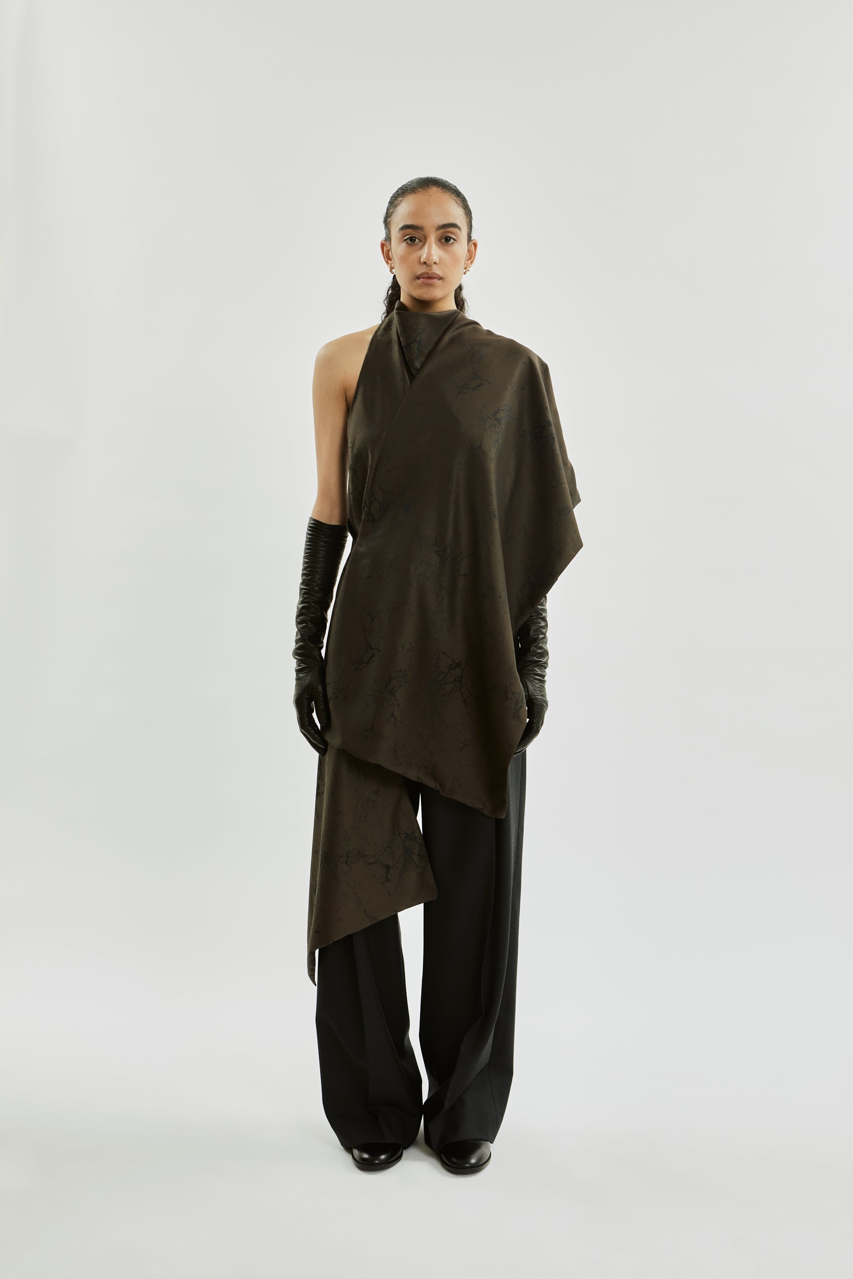Macha double scarf | Khaki jacquard - Wool silk blend