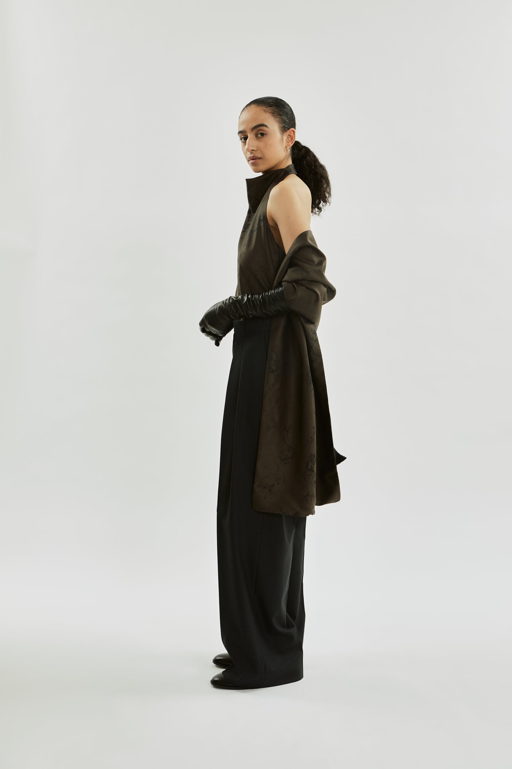 Macha double scarf | Khaki jacquard - Wool silk blend