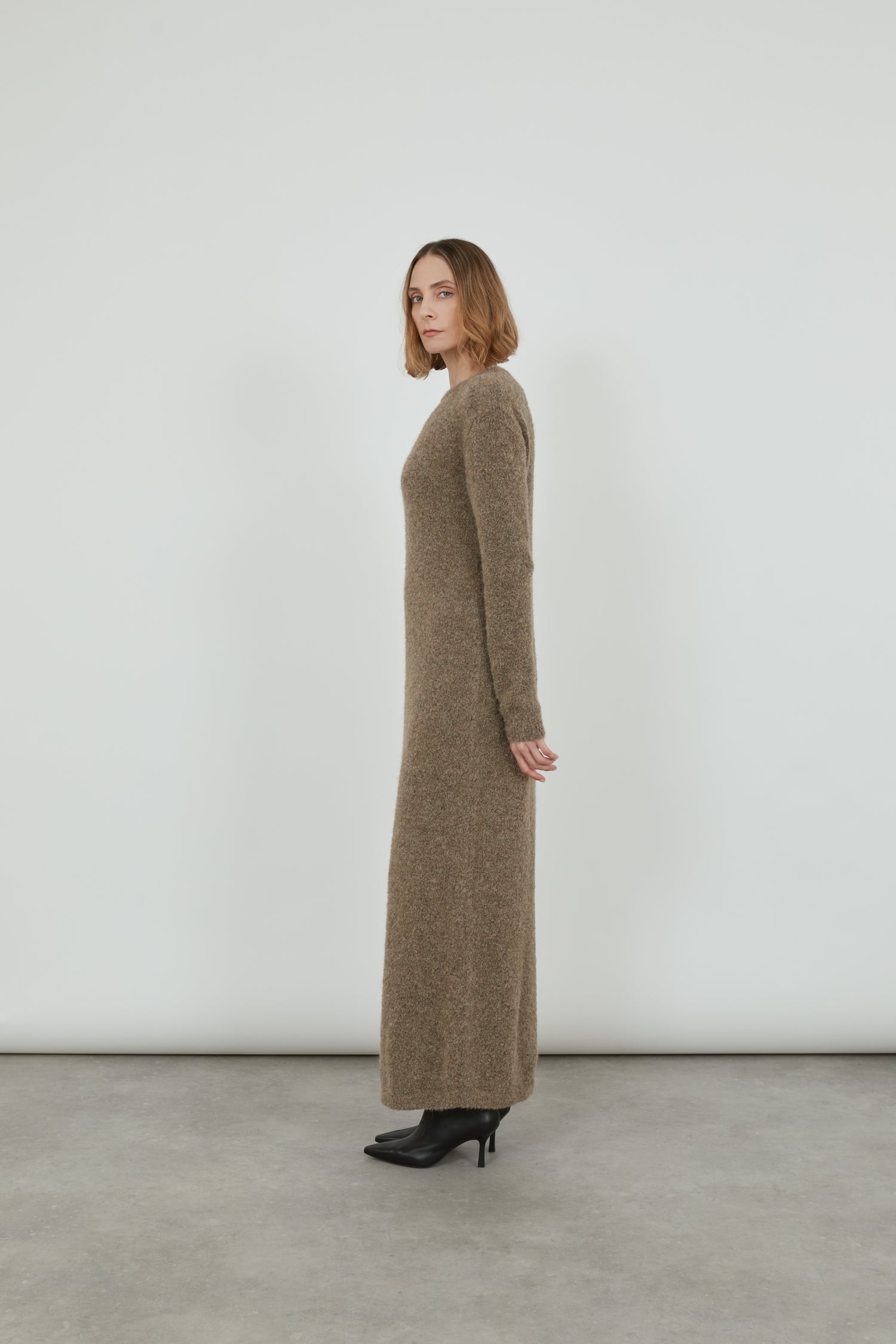 Olive knitted dress | Beige - Alpaca wool