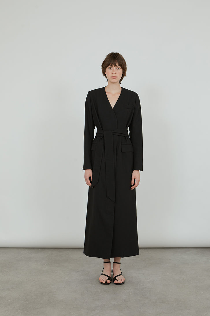 Full view of the Virginia blazerdress in black virgin wool.