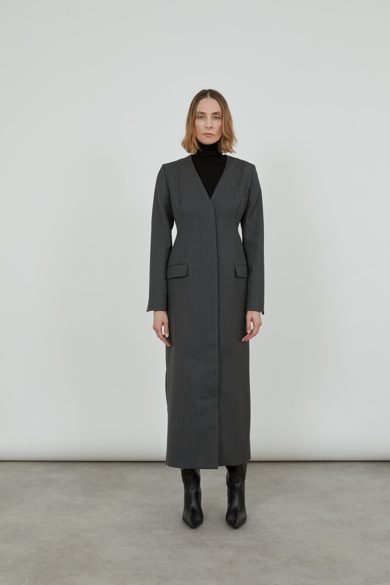 dark grey cool wool button down dress