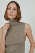 biscuit colored turtleneck sleeveless top in merino wool